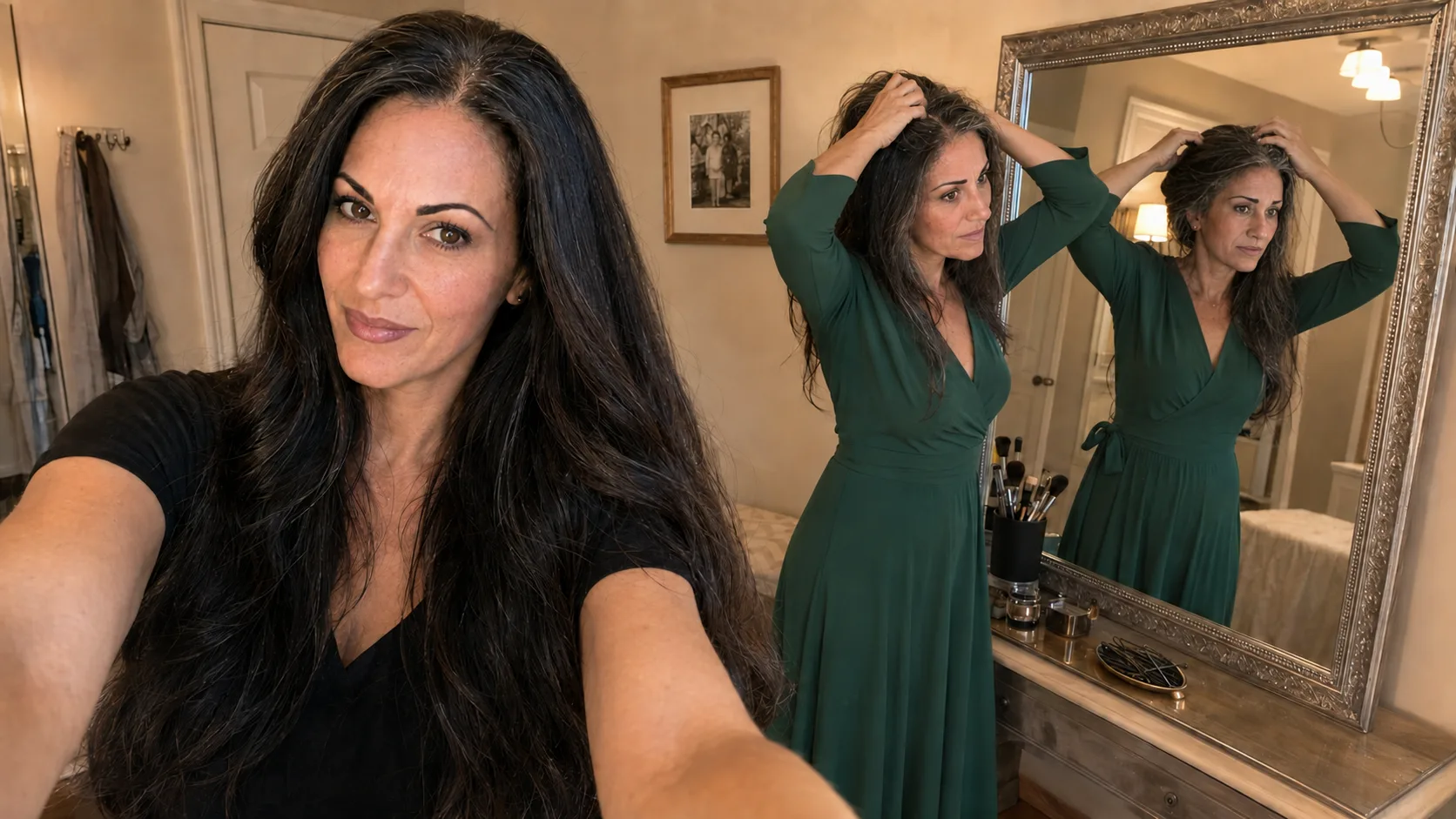 Diane arranging her thinning hair before her date
