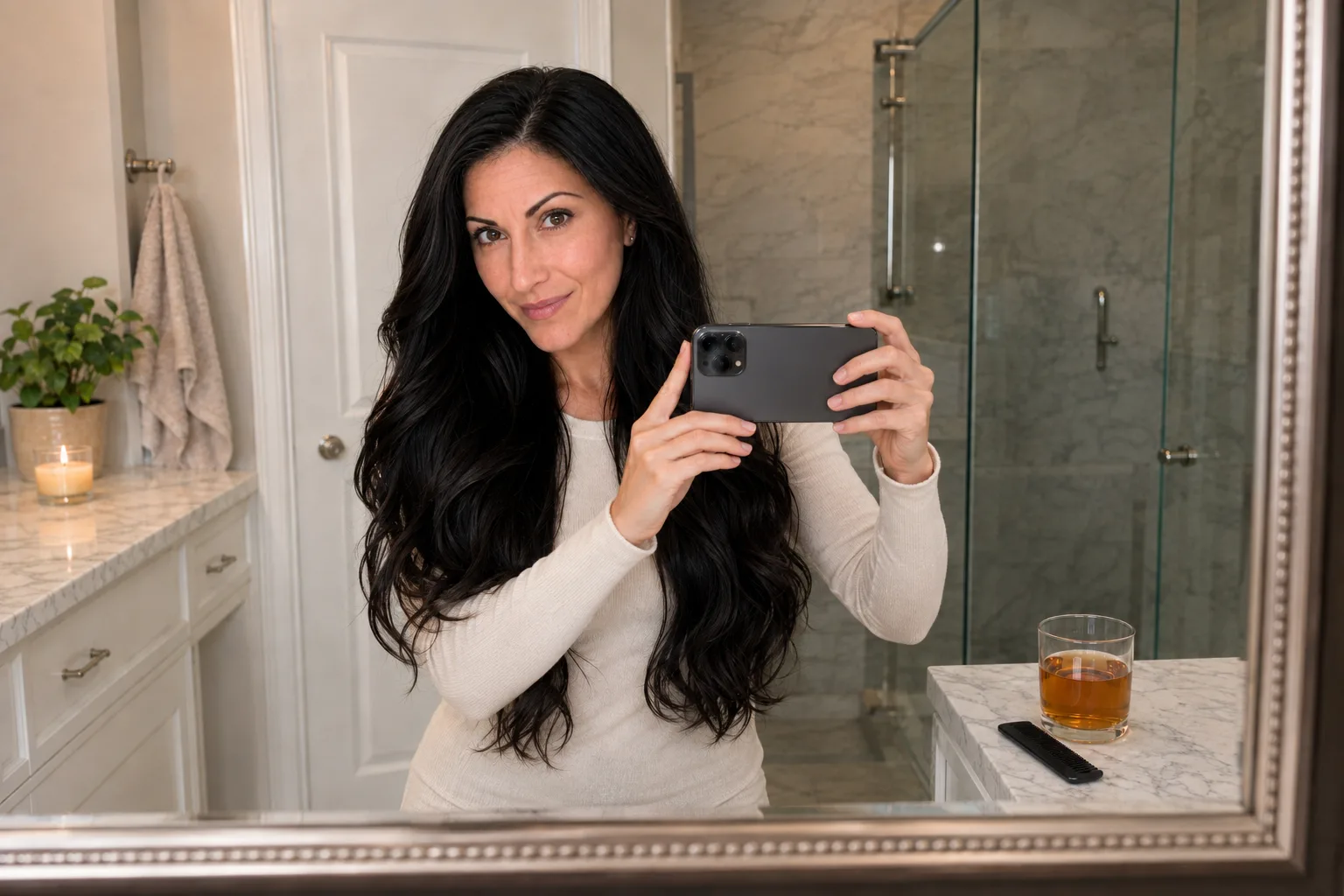 Diane showing the unexpected effect of her restored hair