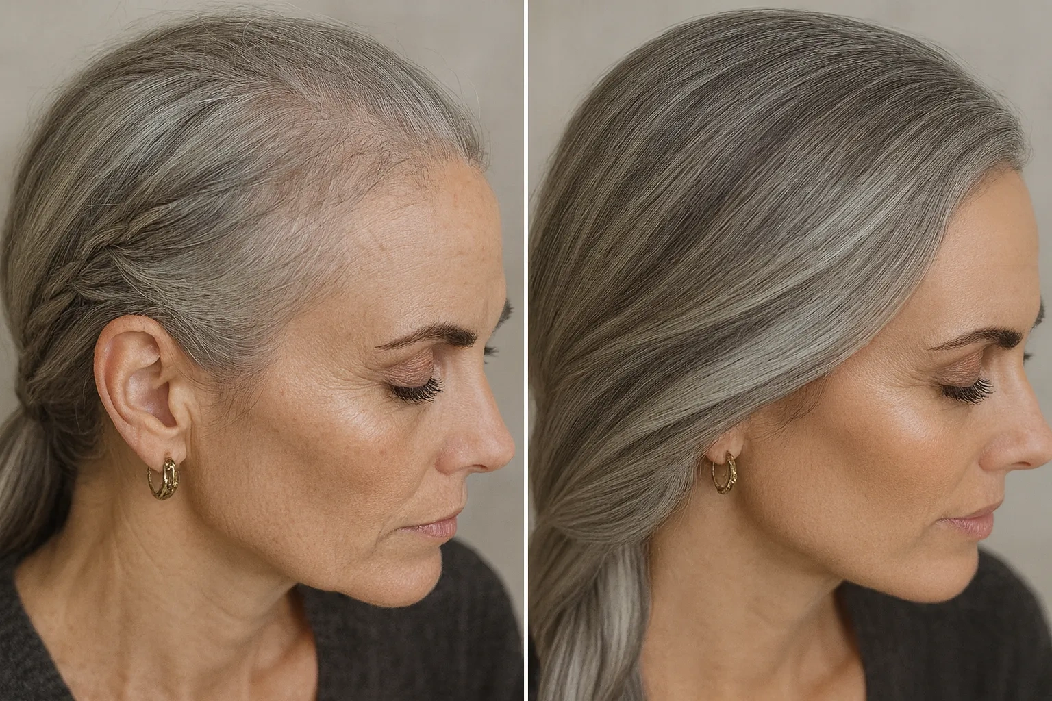 Denise R., 57 &mdash; temple and hairline, before and after 90 days